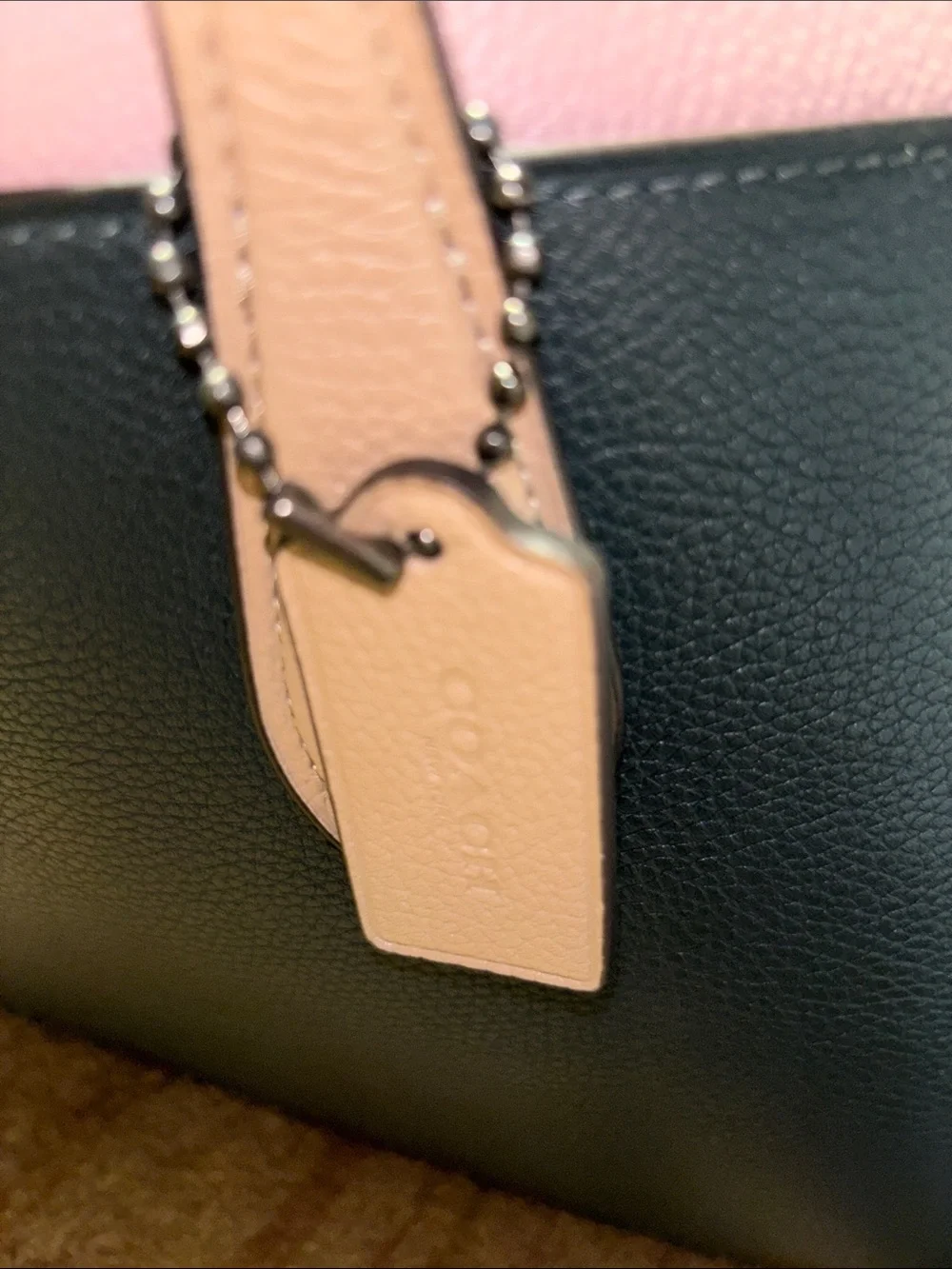 Coach Pink, Dark Green and Nude Leather Turnlock Tote